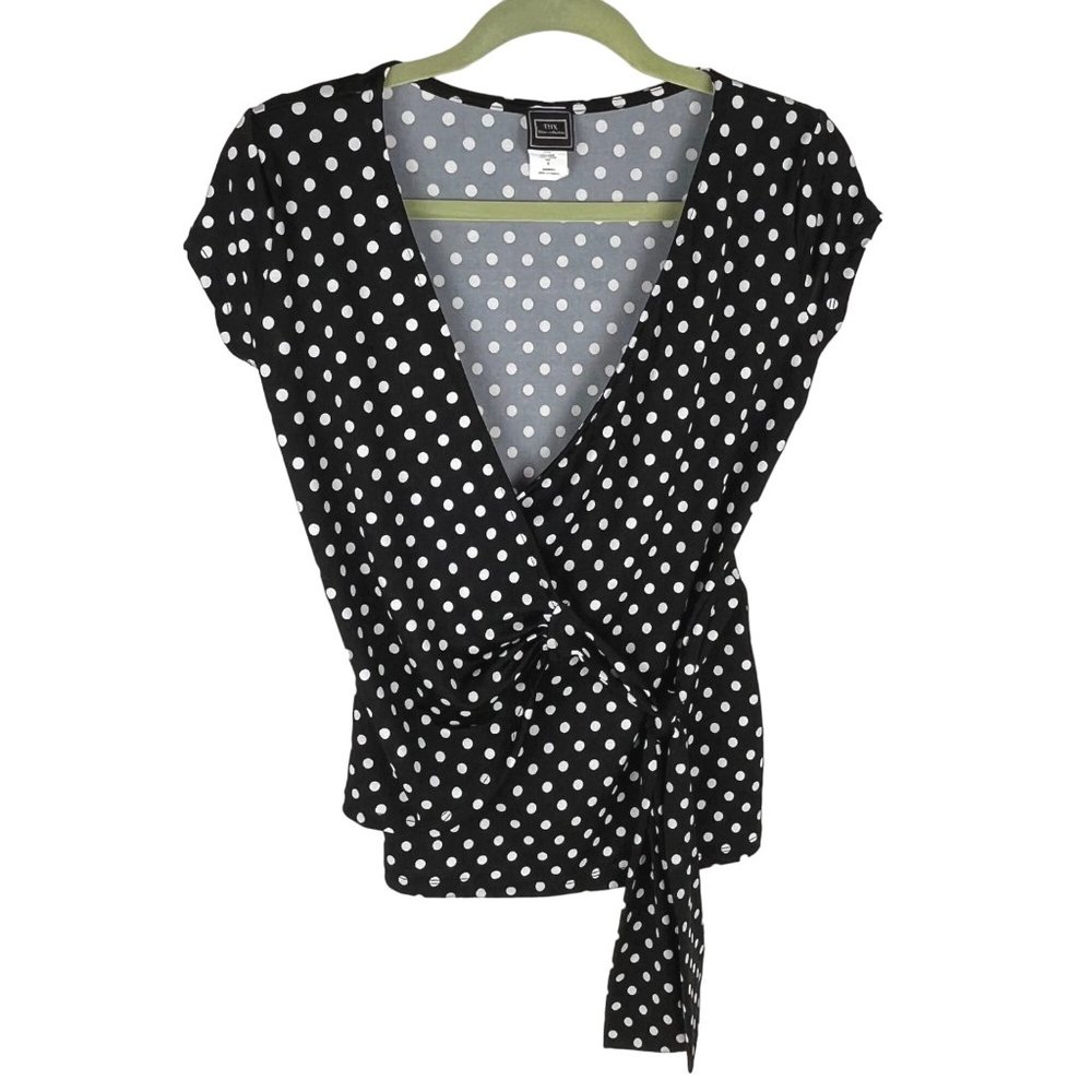 THX Cap-Sleeve Black Polka-Dot V-Neck Wrap Top Sz. S